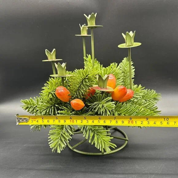 Vintage Christmas Candle Holder Centerpiece Metal Faux Pine Greenery Green 1960s - Picture 10 of 10